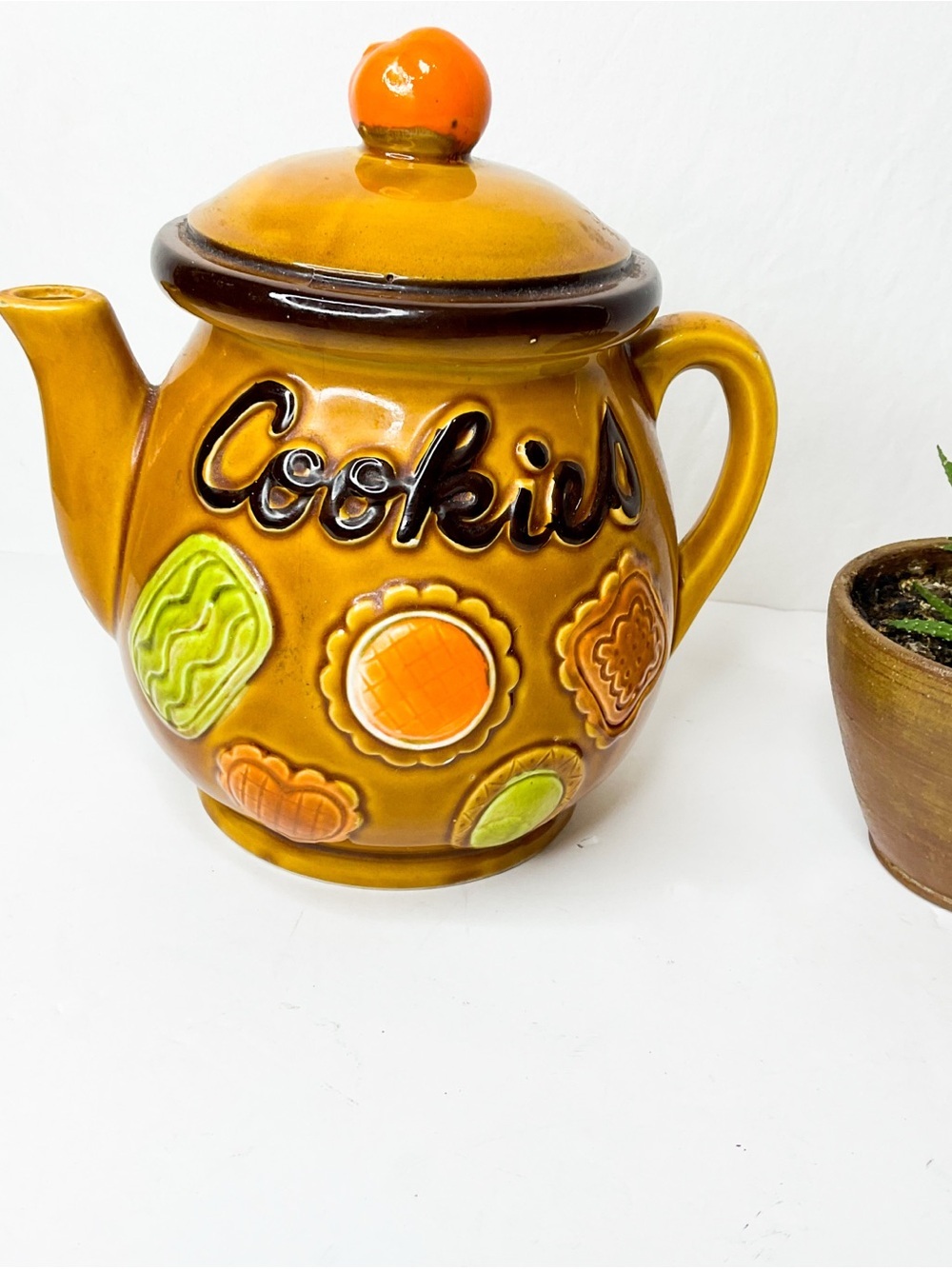 Ceramic Cookie Canister in Amber with Orange Lid and Lime Accents
